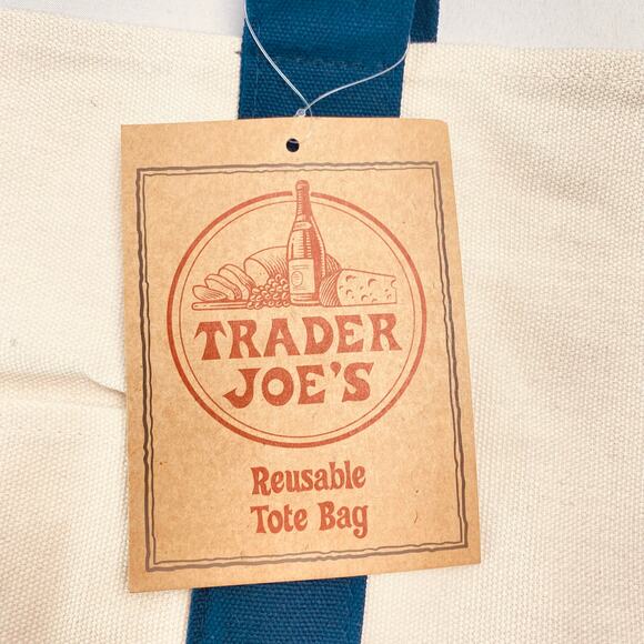 TRADER JOE'S Set of 2 -Reusable Cavas Tote Bag in Natural and Navy Blue - NWT - Picture 5 of 6